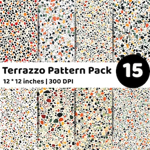 May include: A pack of 15 terrazzo pattern designs. Each design features a speckled pattern in various colors, including red, orange, green, and black, on a cream background. The text "Terrazzo Pattern Pack" and dimensions are displayed.