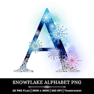 Può includere: Una lettera "A" blu e argento con decorazioni a fiocco di neve. La lettera ha un effetto acquerello con una base glitterata ed è decorata con vari disegni di fiocchi di neve. Il testo "SNOWFLAKE ALPHABET PNG" è incluso.