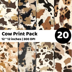 Op de afbeelding: Een verzameling van 20 koeienprintpatronen in verschillende tinten bruin, zwart en crème. De patronen worden weergegeven in een raster, waarbij elk ontwerp 30,48 x 30,48 cm meet. De tekst "Cow Print Pack" en "300 DPI" zijn ook zichtbaar.