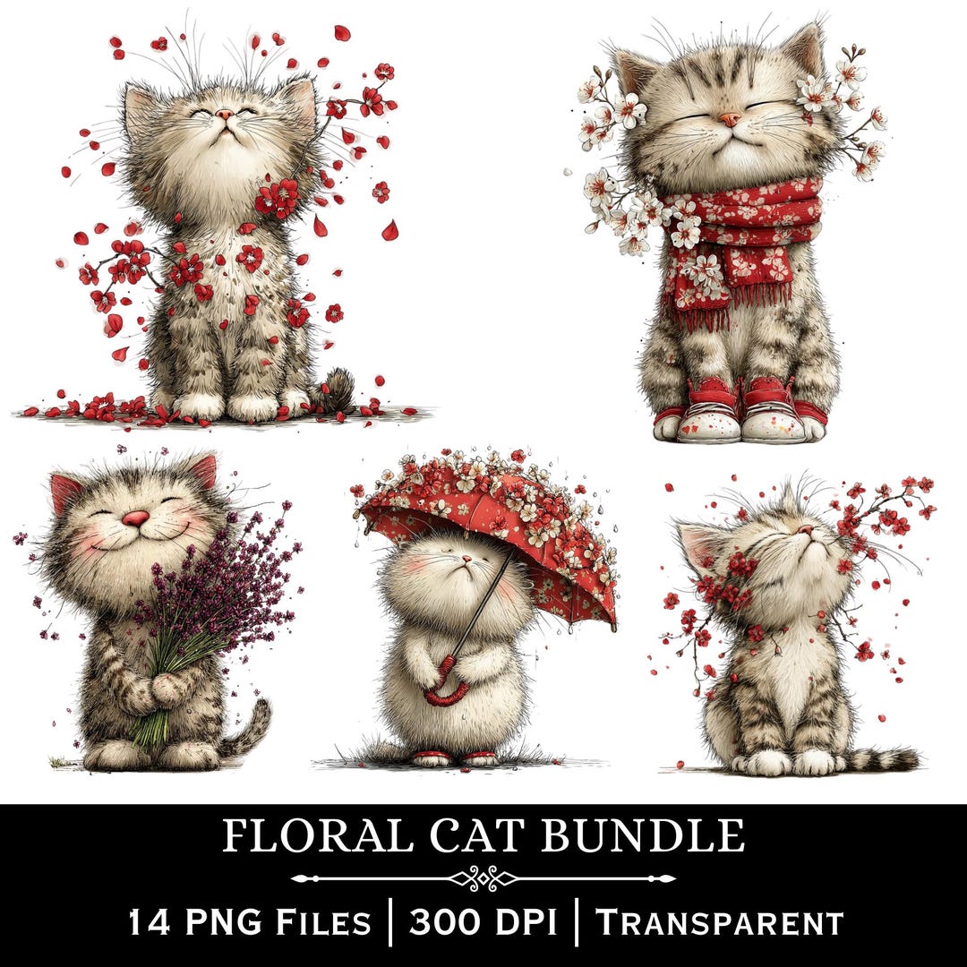 Floral Cat Clipart Bundle | Watercolor Flower Kitty PNG Collection ...