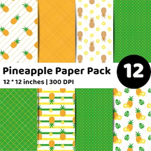 May include: A pack of 12 sheets of pineapple-themed paper, each 12 x 12 inches. The designs include diagonal stripes, polka dots, and grid patterns in yellow and green, with pineapple illustrations. The text reads "Pineapple Paper Pack".