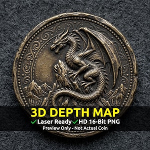 Mapa głębi 3D monety wyzwania, plik PNG CNC, laser światłowodowy, Lightburn, grawerowanie, tłoczenie, skala szarości, mapa wysokości, rasy smoków górskich
