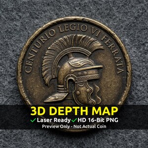 Utmaningsmynt 3D-djupkarta, CNC PNG-fil, fiberlaser, ljusbränna, gravyr, präglad, gråskala, höjdkarta, romersk centurionhjälmlegion
