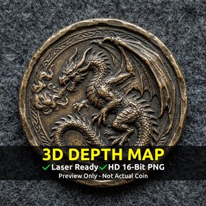 Moneda conmemorativa Mapa de profundidad 3D, archivo PNG CNC, láser de fibra, Lightburn, grabado, relieve, escala de grises, mapa de altura, dragón bestia de escamas de sombra