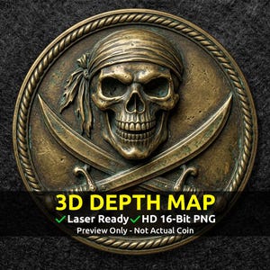 Challenge Coin 3D Depth Map, CNC PNG File, Fiber Laser, Lightburn, Engraving, Embossed, Grayscale, Height Map, Pirate Skull and Cross Bones