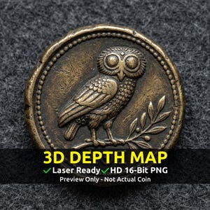 Challenge Coin 3D Depth Map, CNC PNG File, Fiber Laser, Lightburn, Engraving, Embossed, Grayscale, Height Map, Athena's Wise Owl Greek