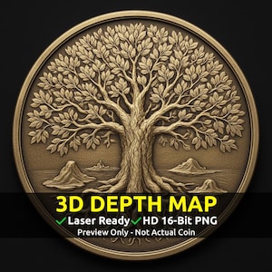 Challenge Coin 3D Tiefe Karte, CNC PNG Datei, Faserlaser, Lightburn, Gravur, Geprägt, Graustufen, Höhenkarte, Yggdrasil Weltenbaum Wikinger