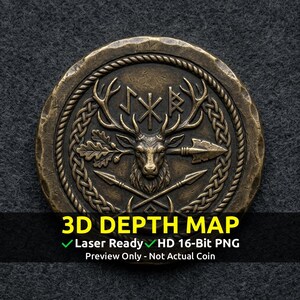 May include: Bronze-colored coin with a detailed relief of a stag with antlers, arrows, and runes. The coin is encircled by a rope and braid design. Text at the bottom reads "3D DEPTH MAP", "Laser Ready", and "HD 16-Bit PNG".