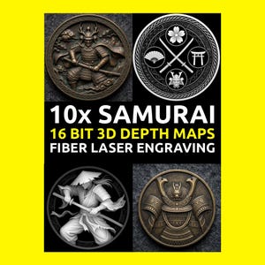 Könnte beinhalten: Das Bild zeigt vier kreisförmige Designs mit Samurai-Themen. Oben links ist ein bronzefarbener Samurai-Krieger zu sehen. Oben rechts befindet sich ein weißes Design mit gekreuzten Schwertern und japanischen Symbolen. Die beiden unteren Kreise zeigen ebenfalls Samurai-bezogene Bilder. Text: "10x SAMURAI 16 BIT 3D DEPTH MAPS FIBER LASER ENGRAVING."