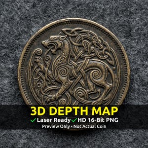 Könnte beinhalten: Eine bronzefarbene Münze mit einem detaillierten Relief von zwei stilisierten Tieren, die mit keltischen Knotenmustern verflochten sind. Der Münzrand hat eine strukturierte Bordüre. Text unten: "3D DEPTH MAP", "Laser Ready", "HD 16-Bit PNG", und "Preview Only - Not Actual Coin."