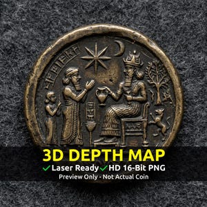 May include: A bronze-colored coin with an ancient design featuring figures, a star, and a crescent moon. The coin has the text "3D DEPTH MAP" and "Laser Ready HD 16-Bit PNG" on the bottom. The coin is a preview and not an actual coin.