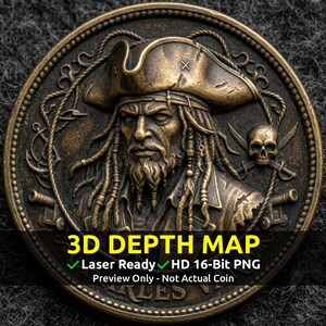 Challenge Coin 3D Depth Map, CNC PNG File, Fiber Laser, Lightburn, Engraving, Embossed, Grayscale, Height Map, Pirate Captains, Charles Vane