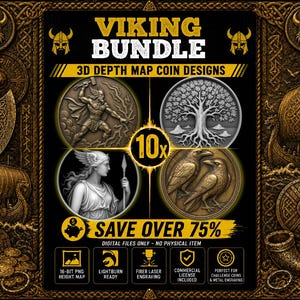 Könnte beinhalten: Ein digitales Wikinger-Paket mit 10x 3D-Tiefenkarten-Münzdesigns. Die Grafik zeigt vier kreisförmige Münzillustrationen: eine Figur mit Hammer, einen Baum, eine geflügelte Figur mit Speer und zwei Raben. Text: VIKING BUNDLE, 3D DEPTH MAP COIN DESIGNS, SAVE OVER 75%.