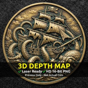 Challenge Coin 3D Depth Map, CNC PNG File, Fiber Laser, Lightburn, Engraving, Embossed, Grayscale, Height Map, Kraken Pirate Ship
