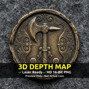 Puede incluir: Una moneda de color bronce con un diseño de hacha en el centro, rodeada de patrones ornamentados. La moneda tiene el texto "3D DEPTH MAP" y "Laser Ready HD 16-Bit PNG" en la parte inferior. Es una vista previa y no una moneda real.