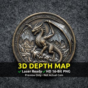 Challenge Coin 3D Depth Map, CNC PNG File, Fiber Laser, Lightburn, Engraving, Embossed, Grayscale, Height Map, Arctic Ice Wyvern Dragon