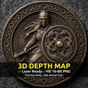 Puede incluir: Una moneda de color bronce con un relieve detallado de un guerrero con casco, escudo y hacha. El diseño de la moneda incluye intrincados nudos celtas alrededor de los bordes y el texto "3D DEPTH MAP". La imagen también incluye el texto "Laser Ready" y "HD 16-Bit PNG".