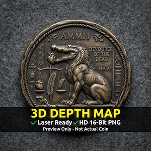 Challenge Coin 3D Depth Map, CNC PNG File, Fiber Laser, Lightburn, Engraving, Embossed, Grayscale, Height Map, Ammit Ancient Egypt Beast