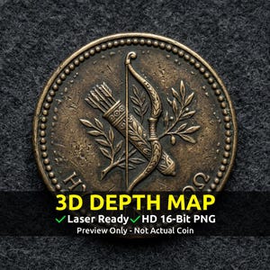 May include: A bronze coin with a detailed design of a bow, quiver of arrows, and olive branches. The coin has a beaded border and the text "3D DEPTH MAP", "Laser Ready", and "HD 16-Bit PNG".