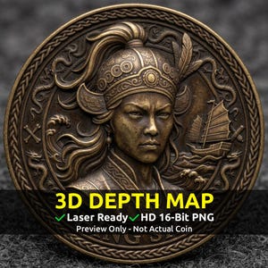 Challenge Coin 3D Depth Map, CNC PNG File, Fiber Laser, Lightburn, Engraving, Embossed, Grayscale, Height Map, Pirate Captains, Ching Shih