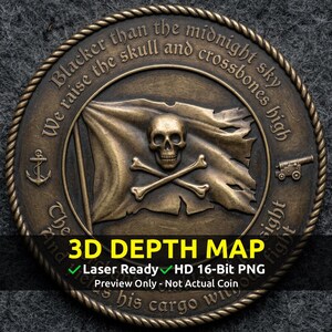 Challenge Coin 3D Depth Map, CNC PNG File, Fiber Laser, Lightburn, Engraving, Embossed, Grayscale, Height Map, Pirate Sea Shanties, Skull