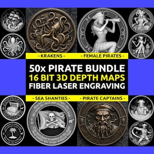 May include: A collection of intricately detailed pirate-themed medallions. The image features various designs, including a kraken, female pirates, a skull and crossbones flag, and portraits of famous pirates. Text includes "50x PIRATE BUNDLE" and "16 BIT 3D DEPTH MAPS".