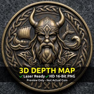 May include: Bronze-colored coin featuring a detailed relief of a Viking warrior with a horned helmet and long beard. A longship and intricate knotwork surround the central figure. The coin has the text "3D DEPTH MAP", "Laser Ready", "HD 16-Bit PNG", and "Preview Only - Not Actual Coin".