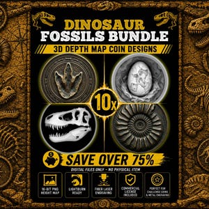 May include: A digital bundle of 10 dinosaur fossil 3D depth map coin designs featuring a footprint, egg, skull, and ammonite. The black graphic includes the text Dinosaur Fossils Bundle, 3D Depth Map Coin Designs, 10x, and Save Over 75%.