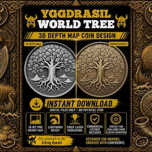 Puede incluir: Un archivo digital para un diseño de moneda 3D de Yggdrasil World Tree. La imagen muestra un mapa de altura en escala de grises y un resultado grabado en tono bronce, rodeado de ilustraciones vikingas con hachas, barcos y escudos.