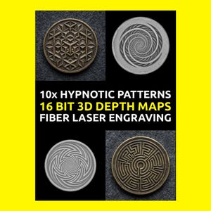 Pode incluir: São exibidos quatro objetos metálicos circulares com padrões intrincados. A moeda superior esquerda tem um design geométrico, enquanto as moedas superior direita e inferior esquerda apresentam padrões em espiral. A moeda inferior direita tem um design de labirinto. O texto diz: "10x HYPNOTIC PATTERNS 16 BIT 3D DEPTH MAPS FIBER LASER ENGRAVING."