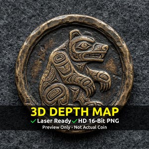 May include: Bronze-colored coin with a detailed relief carving of a bear in a seated position. The bear design is surrounded by a circular border. The coin has the text "3D DEPTH MAP" and "Laser Ready HD 16-Bit PNG" at the bottom.
