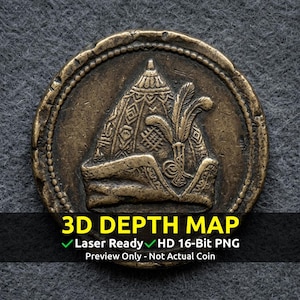Puede incluir: Una moneda de bronce de aspecto antiguo con un diseño ornamentado que presenta un sombrero o tocado estilizado. La moneda tiene una superficie texturizada y un borde decorativo. El texto en la parte inferior dice "3D DEPTH MAP" y "Laser Ready HD 16-Bit PNG".