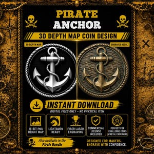 Può includere: Un file di design digitale per una moneta con ancora pirata, con mappa di profondità 3D e risultato inciso. La grafica include il testo PIRATE ANCHOR, 3D DEPTH MAP COIN DESIGN, INSTANT DOWNLOAD e icone per PNG a 16 bit e incisione laser.