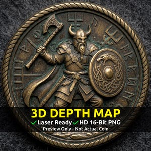 Puede incluir: Una moneda de color bronce con un relieve detallado de un guerrero vikingo sosteniendo un hacha y un escudo. La moneda tiene un borde texturizado e incluye el texto "3D DEPTH MAP" y "Laser Ready HD 16-Bit PNG".