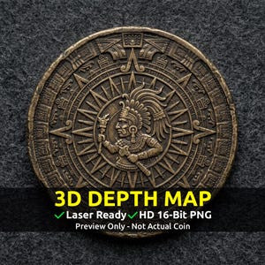 Moneda conmemorativa Mapa de profundidad 3D, archivo PNG CNC, láser de fibra, Lightburn, grabado, relieve, escala de grises, mapa de altura, dios del sol azteca Tonatiuh