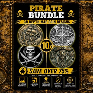 Könnte beinhalten: Ein digitales Paket mit 10 3D-Tiefenkarten-Münzdesigns zum Thema Piraten mit Totenköpfen, Schiffen, Kompassen und Tentakeln. Die schwarze Grafik enthält den Text PIRATE BUNDLE, 3D DEPTH MAP COIN DESIGNS, 10x und SAVE OVER 75% mit Gravursymbolen.