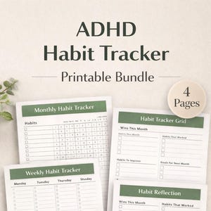 Puede incluir: Un paquete imprimible de seguimiento de hábitos para el TDAH con cuatro páginas. El paquete incluye un rastreador de hábitos mensual, un rastreador de hábitos semanal y un planificador de reflexión de hábitos. También se ve una taza de café y un bolígrafo dorado.
