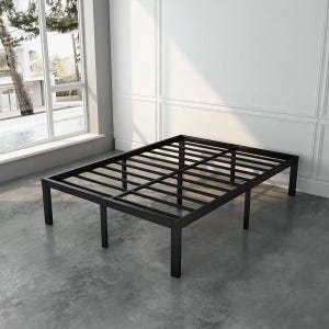 May include: A black metal bed frame with a rectangular design. The frame has a slatted base and four sturdy legs. The bed frame is shown in a room with a large window and a white wall.