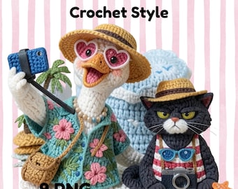 Crochet Style Summer Beach Designs, Cat and Goose Influencer PNG Bundle, (Digital Download)