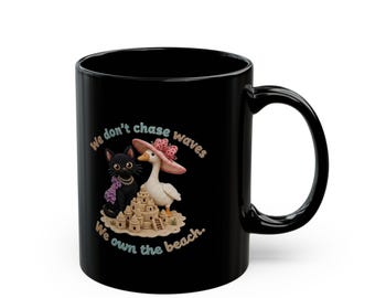 Crochet Black Cat  and goose Ceramic Mug, Beach Sandcastle , Amigurumi Tea Mug, We Own