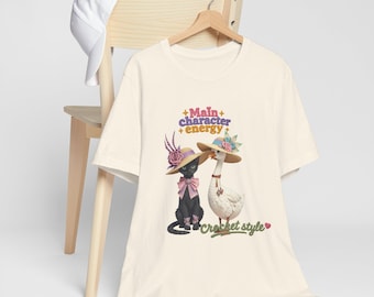 Crochet Cat Goose Graphic Tee, Main Character Energy Cottagecore Shirt
