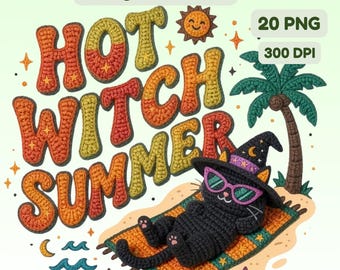 Summer Spooky Cat Mega Bundle – 20 Crochet Style Sublimation Designs – Hot Witch Summerween PNG