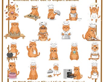 Chef Cat Clipart Bundle, Ginger Tabby Cooking Illustrations, Kawaii Baking Sublimation (Digital Download)