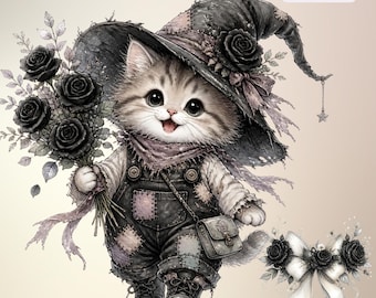 Gothic Kitten Clipart, Black Rose Floral Watercolor PNG (Digital Download)