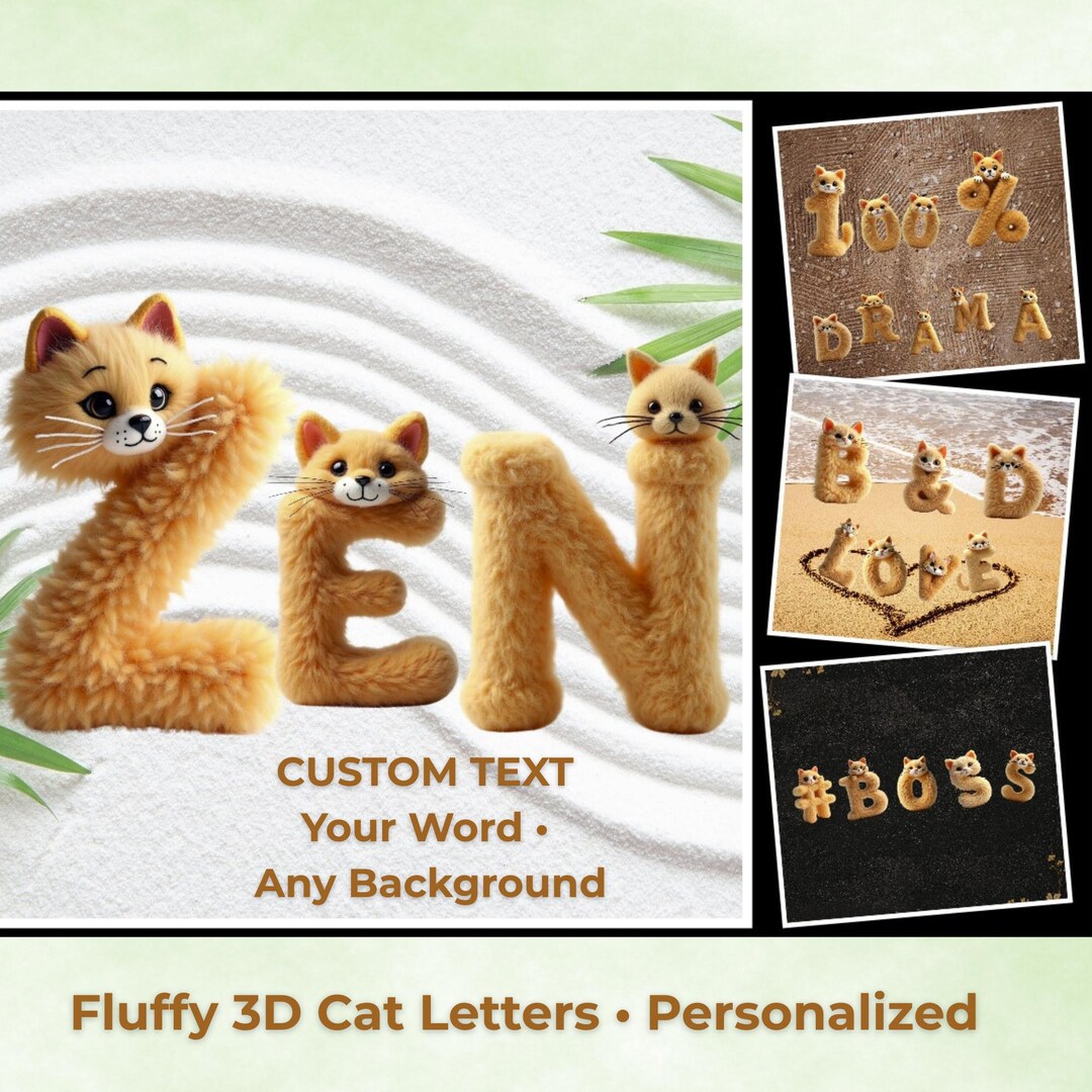 Custom Fluffy Cat Letters Print – Personalized Text Wall Art (digital ...