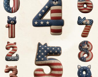 Patriotic Cat Numbers Clipart Bundle 0-9, American Flag Style, Knit Texture (Digital Download)
