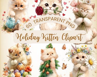Holiday Kitten Clipart Bundle | Watercolor Kittens, 60 PNG Files (Digital Download)