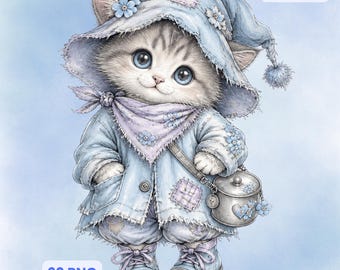 Forget Me Not Cat Clipart PNG, Watercolor Floral Feline, Cottagecore Kitten Bundle (Digital Download)