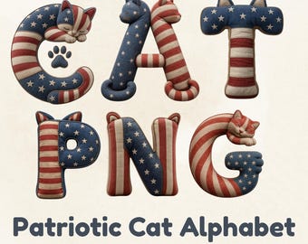 Patriotic Cat Alphabet PNG Bundle, American Flag Letters, 4th of July Clipart (Digital Download)