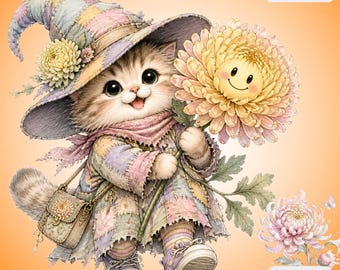 Floral Cat Clipart PNG Bundle, Chrysanthemum Flower, Cottagecore Kitten, Autumn Watercolor Cat Sublimation Digital